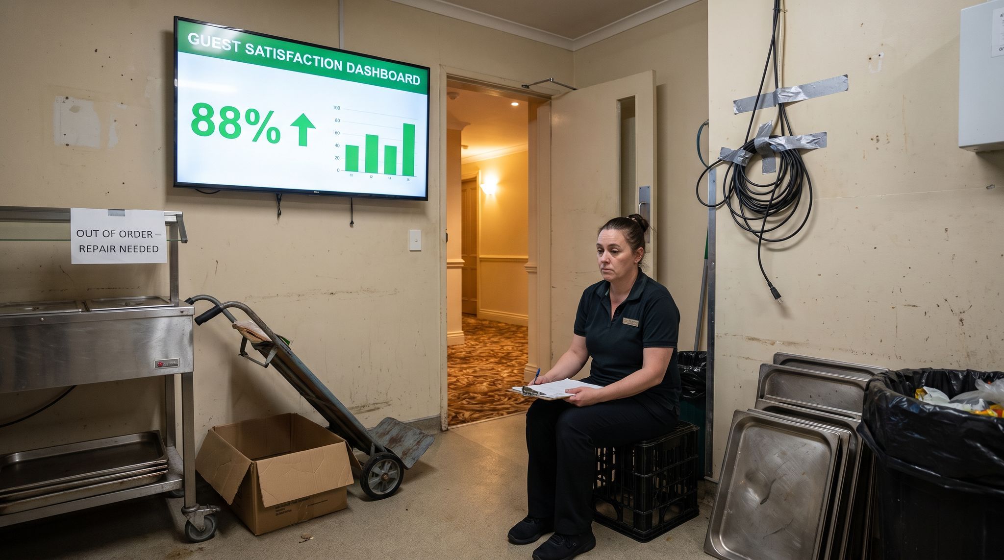 A bright guest-satisfaction dashboard showing a green score and a rising trend line, mounted on the scuffed wall of a hotel service corridor above a broken housekeeping trolley propped on cardboard