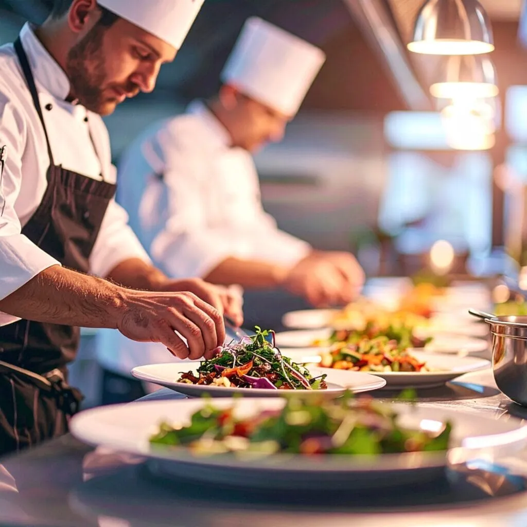 Two chefs plating dishes to the same standard in a busy professional kitchen