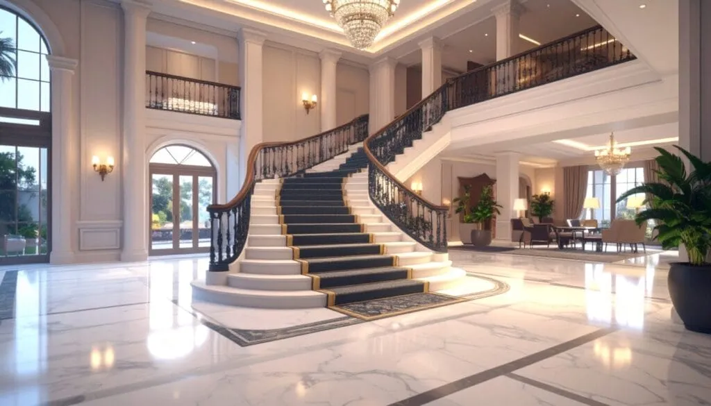 A luxury hotel lobby with a marble floor and a sweeping central staircase
