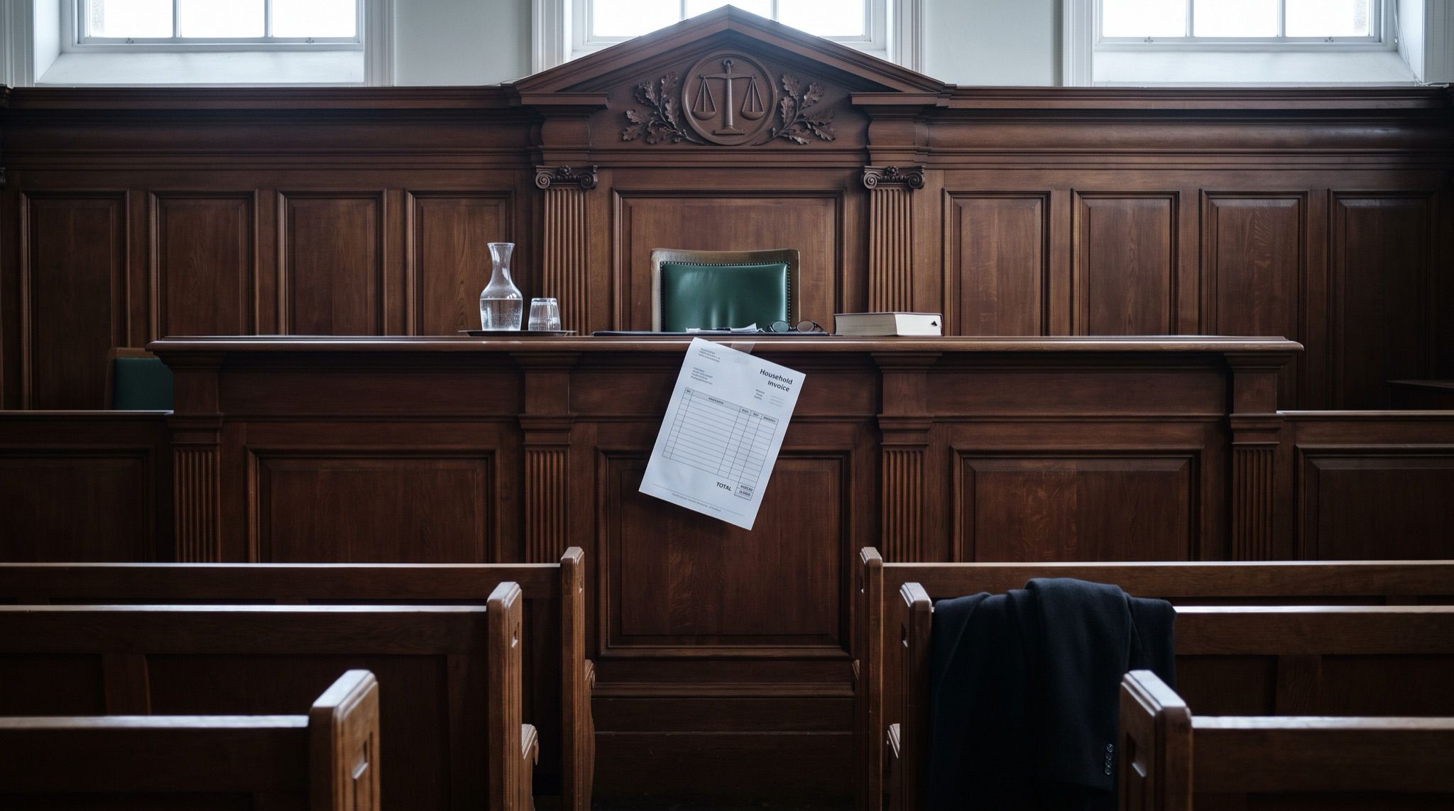 The well of an empty wood-panelled courtroom looking up at a high judicial bench, immaculate and unoccupied, its green leather chair pushed neatly in