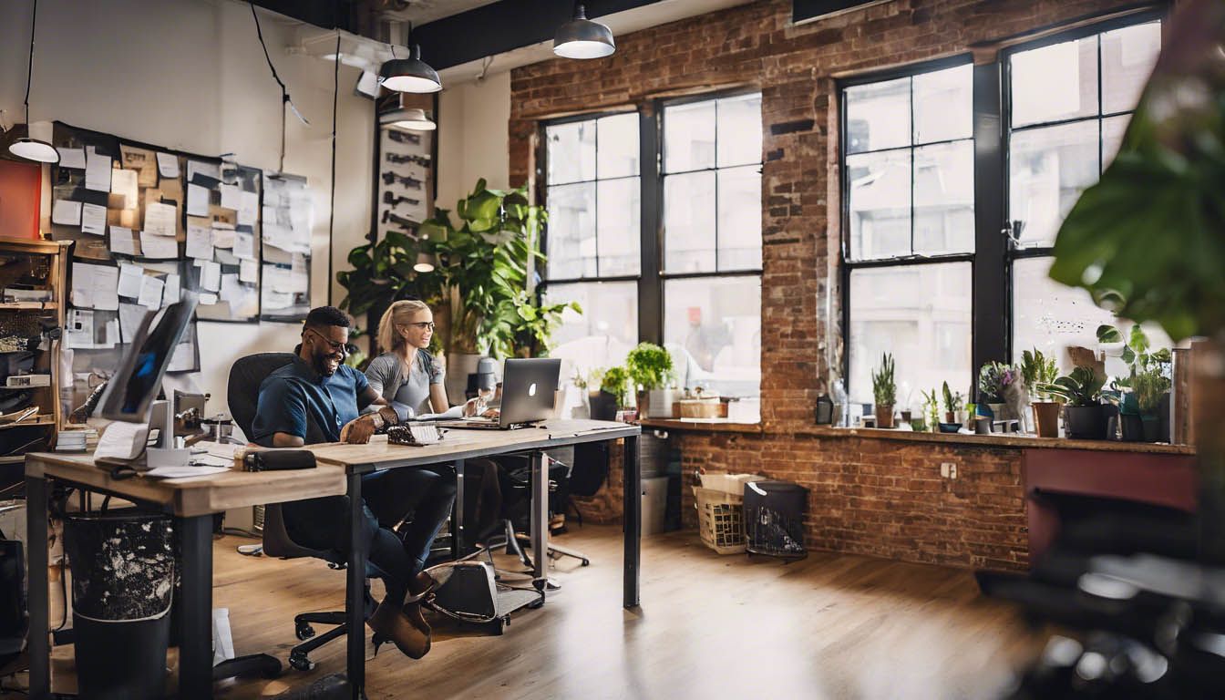 Two colleagues working together at a laptop in a cosy exposed-brick loft office with plants and large windows