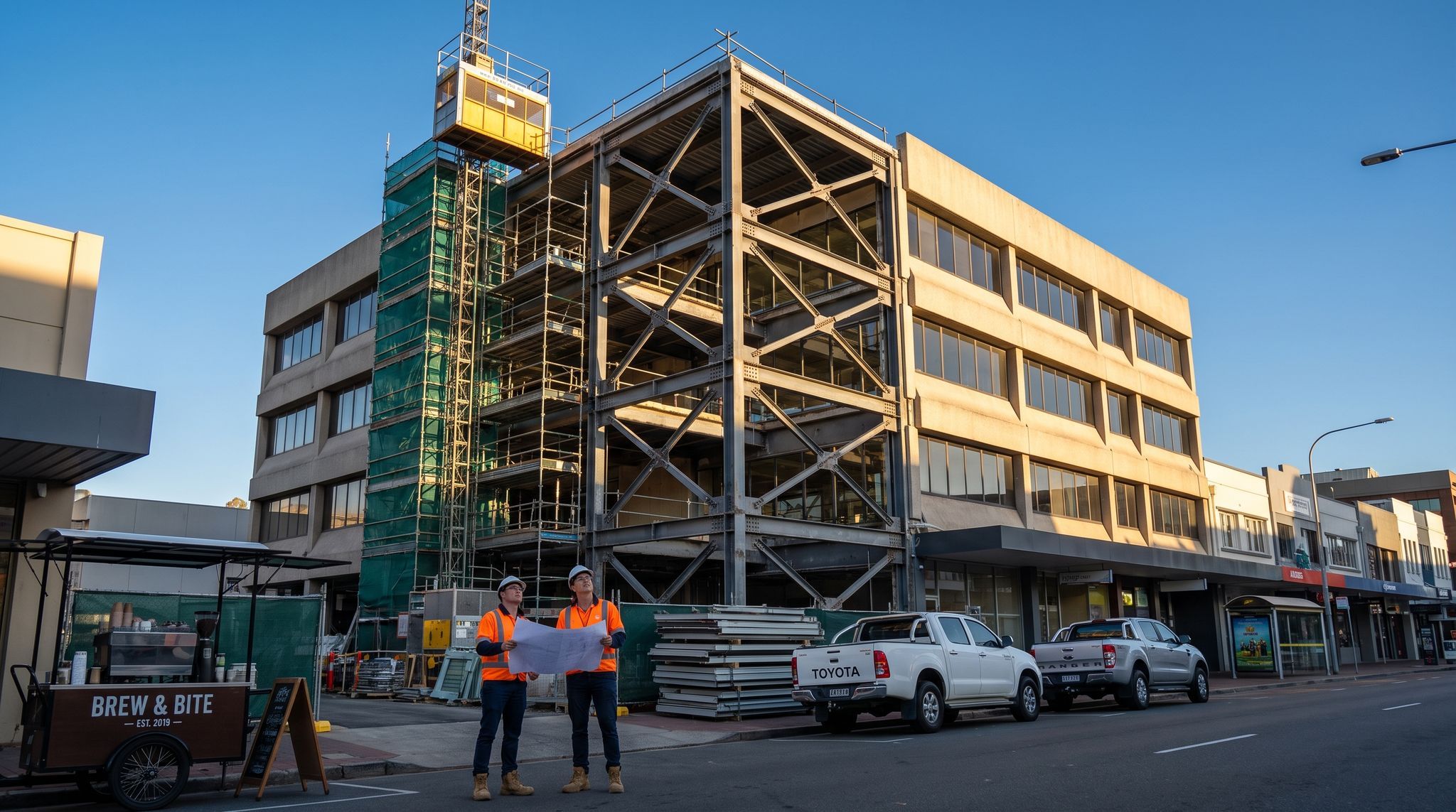 A mid-rise city building early on a clear morning with a tall section of its cladding stripped away, the structural steel frame standing fully exposed