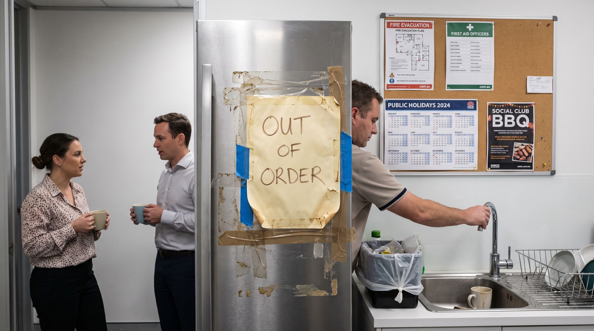 A handwritten OUT OF ORDER sign in thick black marker taped to a stainless steel appliance in an office kitchenette, the paper gone yellow and brittle