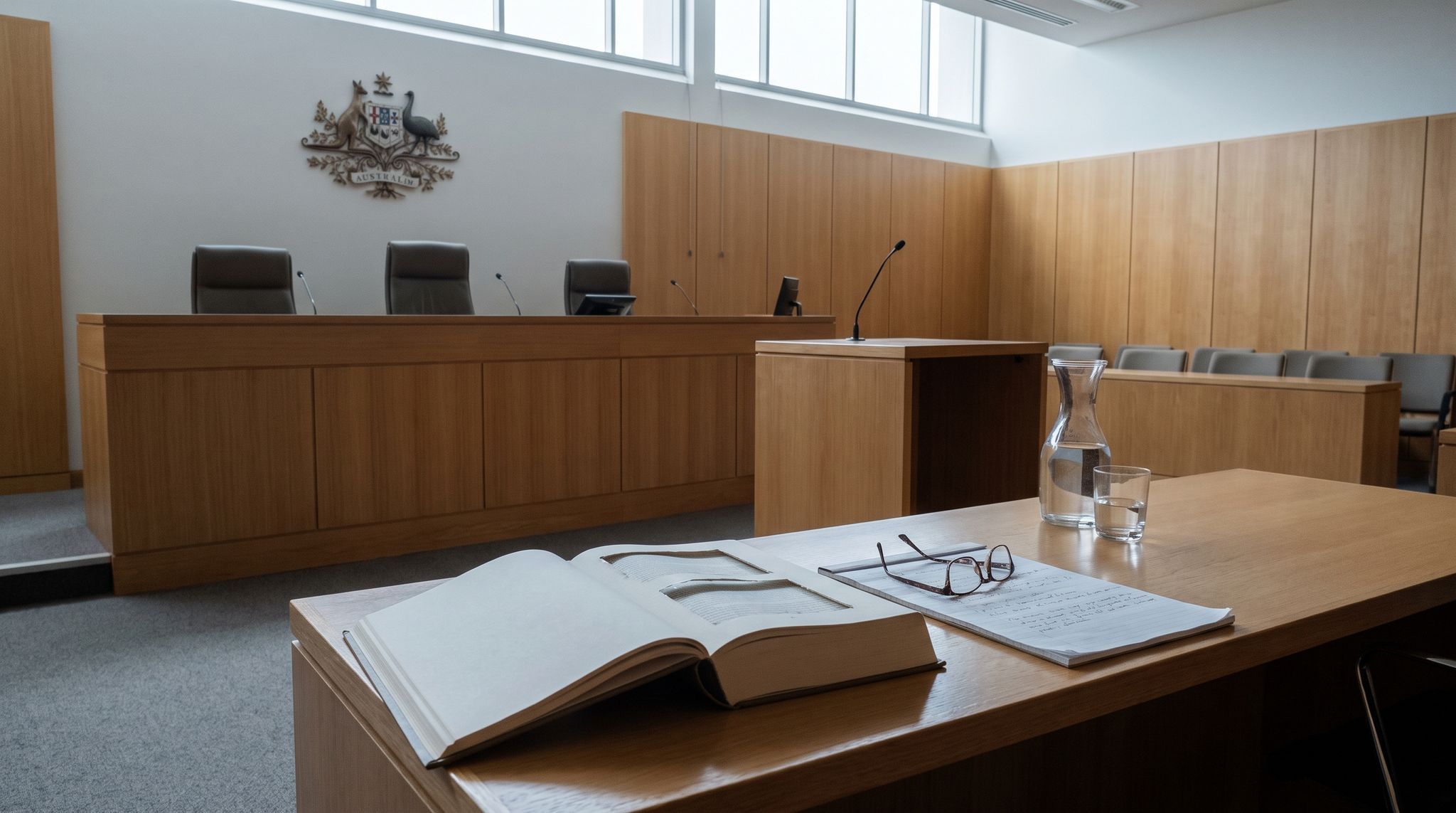An empty modern federal courtroom late in the day, a thick plain bound volume sitting in sharp focus on the bar table under flat grey daylight