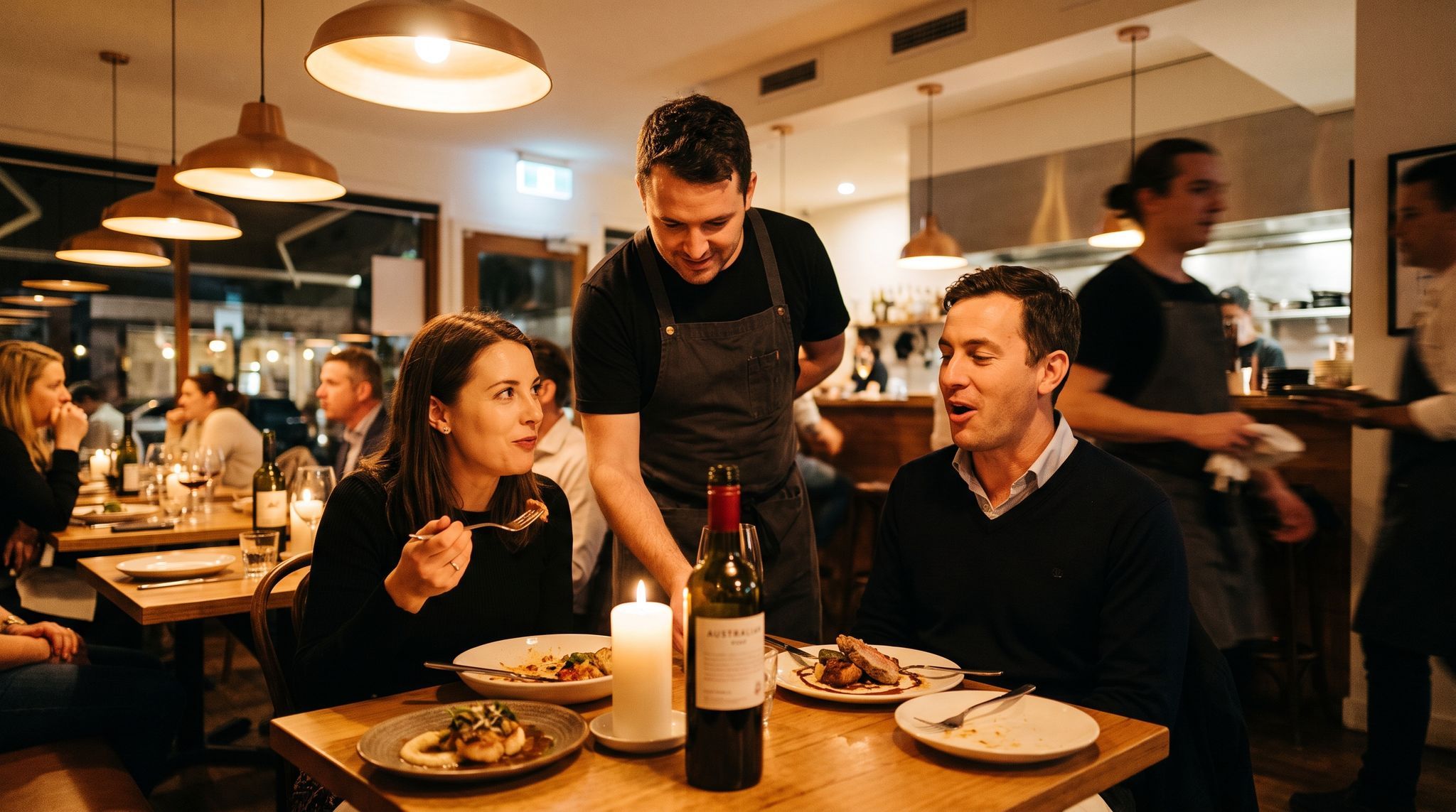 A waiter leaning in between two diners four minutes into their main course, both of them stopped mid-conversation and looking up, a fork paused halfway to a mouth