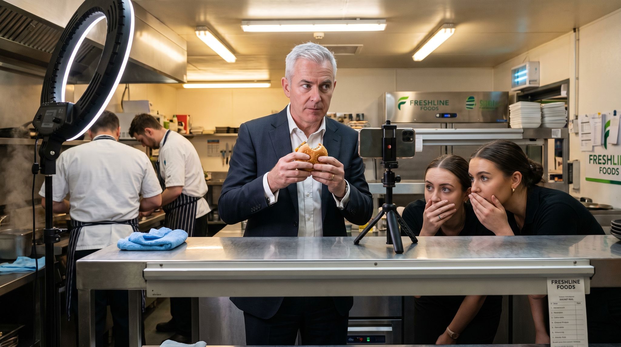 An executive in a pressed suit standing stiffly behind a commercial kitchen pass, taking a small careful bite of a burger for a phone on a tripod while marketing staff watch