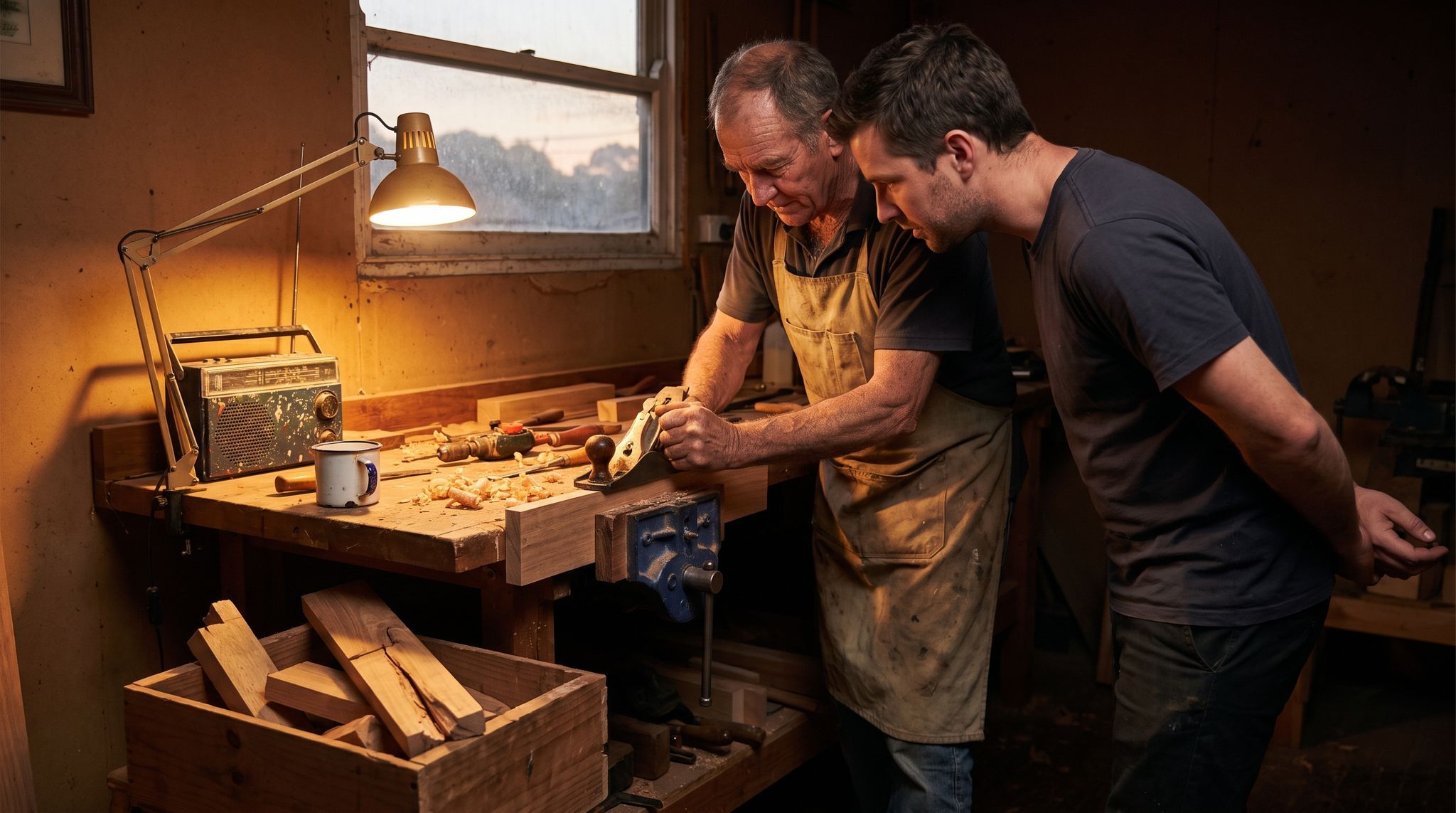 A man in his sixties in a worn canvas apron at a workshop bench late in the afternoon, both hands on the work, caught mid-demonstration