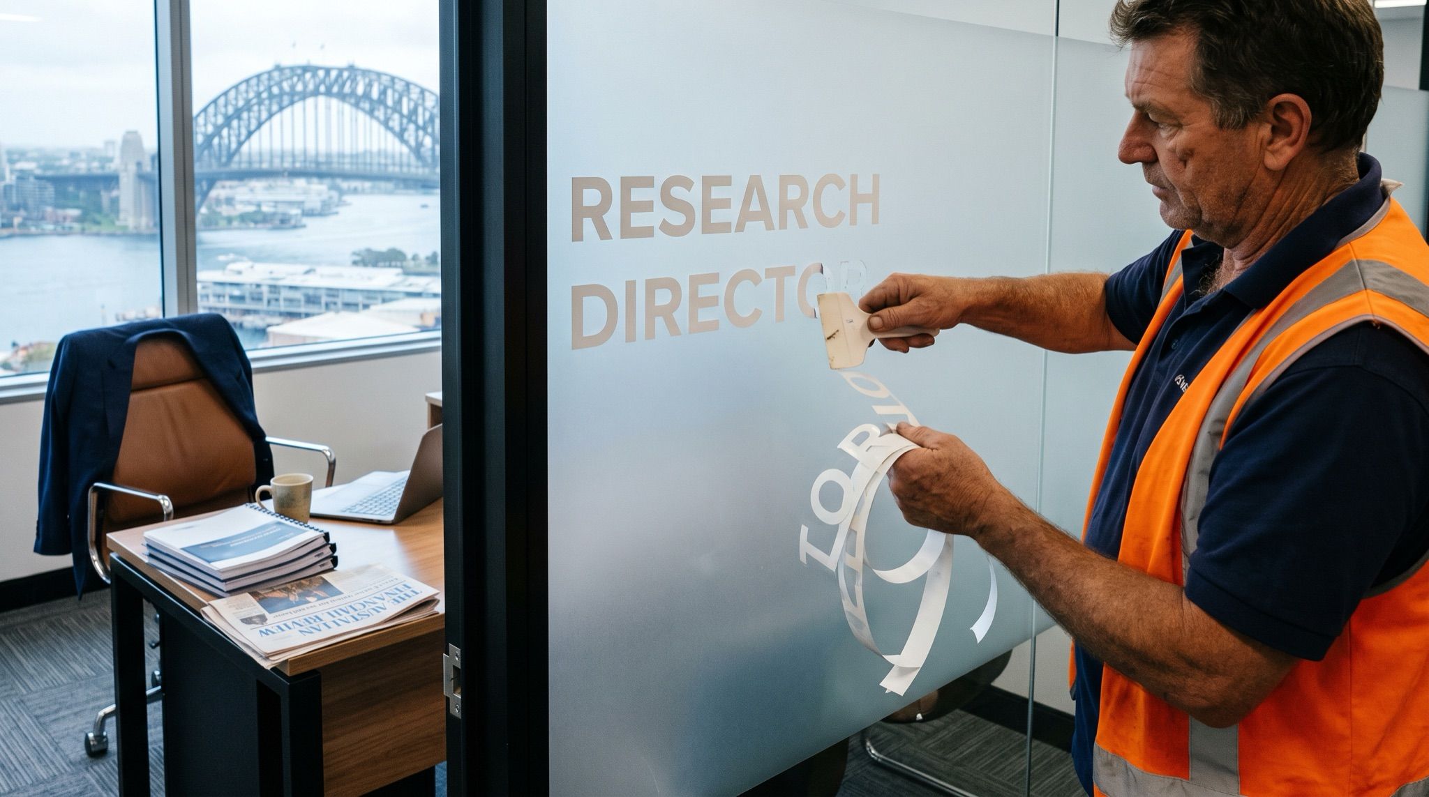 A tradesman scrapes RESEARCH DIRECTOR lettering off a glass office door, Sydney Harbour Bridge behind.
