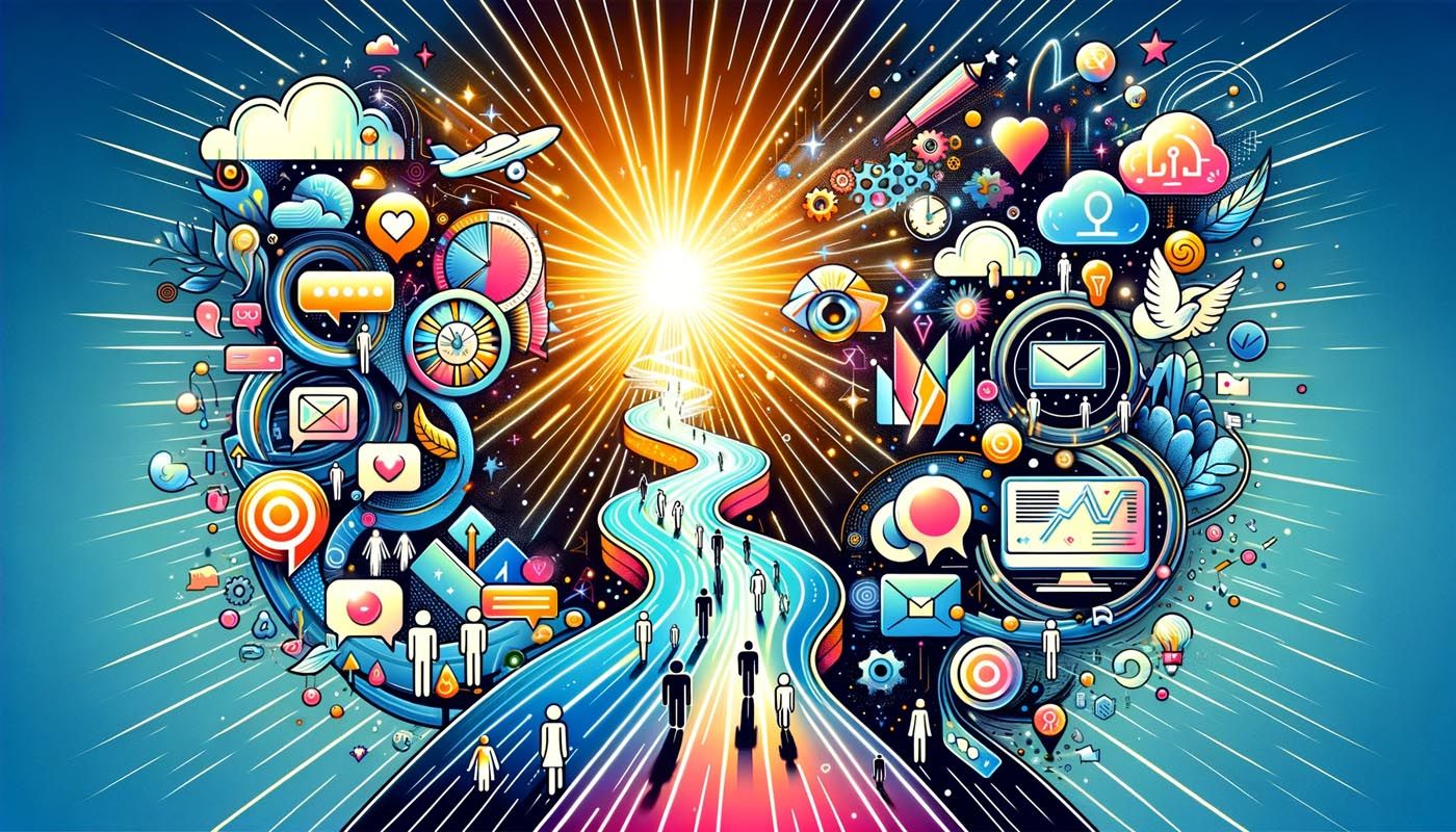 A winding path of small figures walking toward a bright sun, flanked by clouds of communication and technology icons