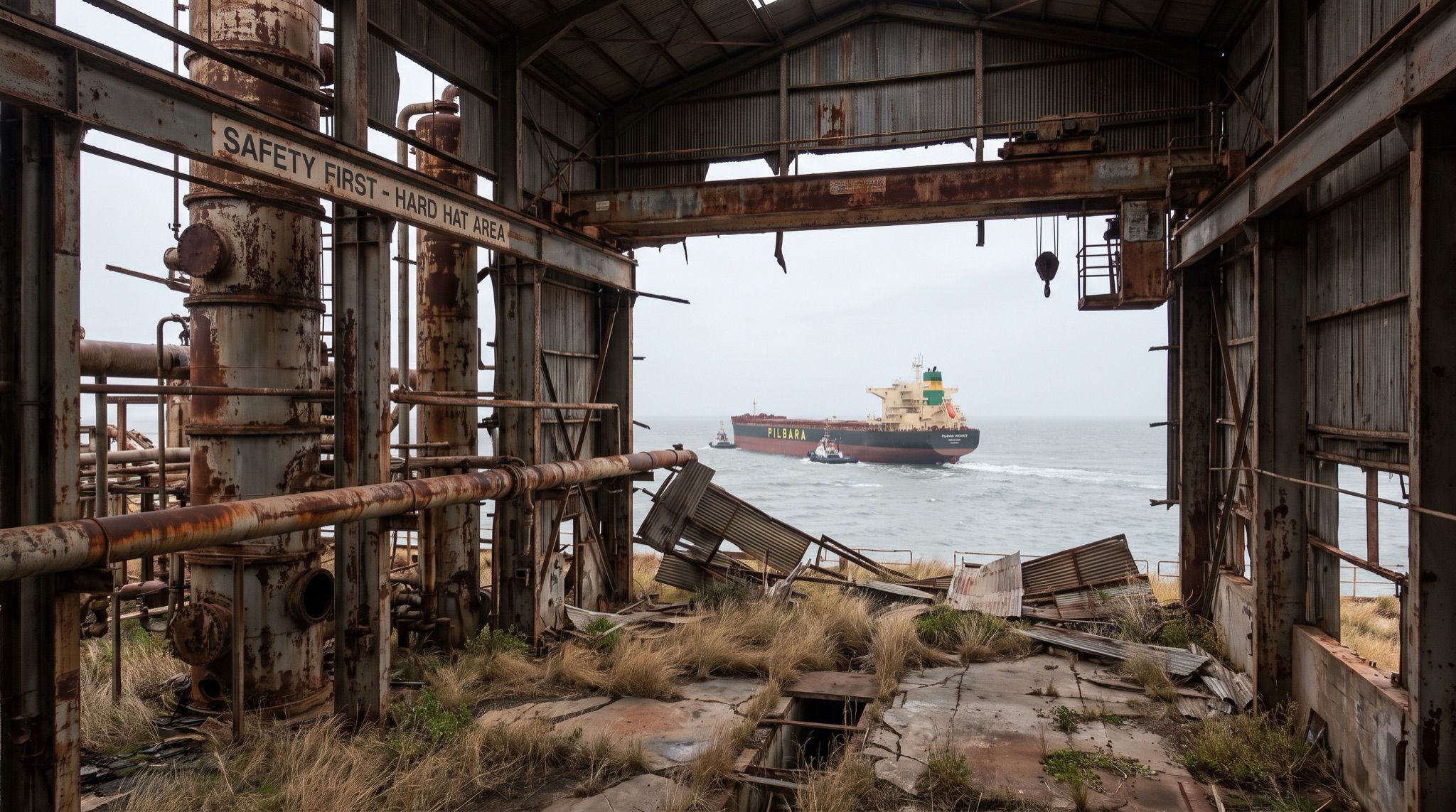 A long-decommissioned Australian heavy industrial plant under flat overcast light, rusted cracking towers and pipe runs streaked with corrosion