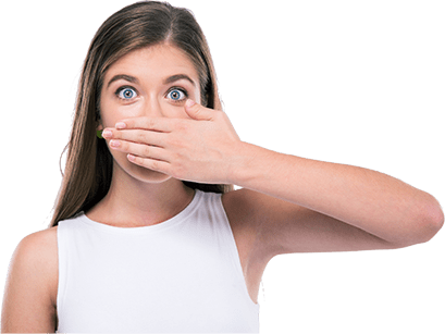 A woman with her hand over her mouth