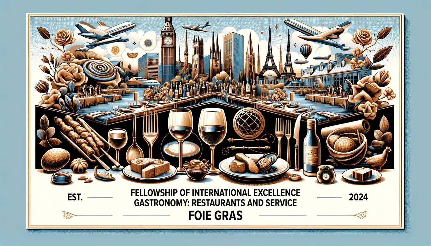 An engraved-style banquet scene of tables, glassware and city skylines, beneath the words Fellowship of International Excellence, Gastronomy: Restaurants And Service, FOIE GRAS